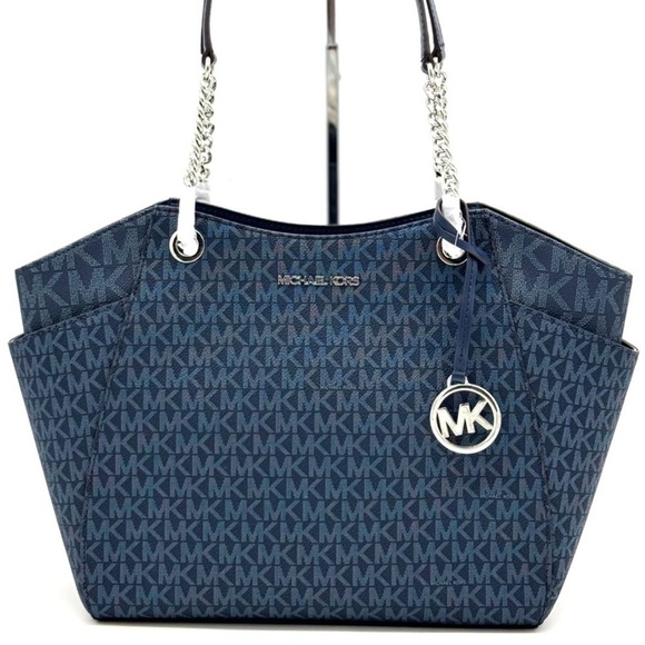 Michael Kors Large Jet Set Large Signature Logo Shoulder Bag Admiral Navy Blue